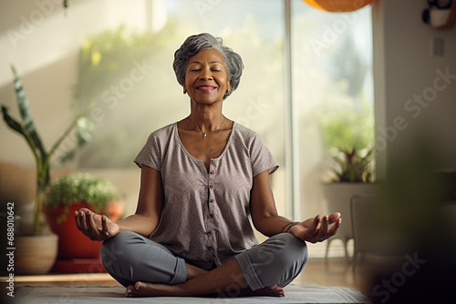 Elderly African American woman doing yoga at home, gentle exercise for seniors, healthy lifestyle photo