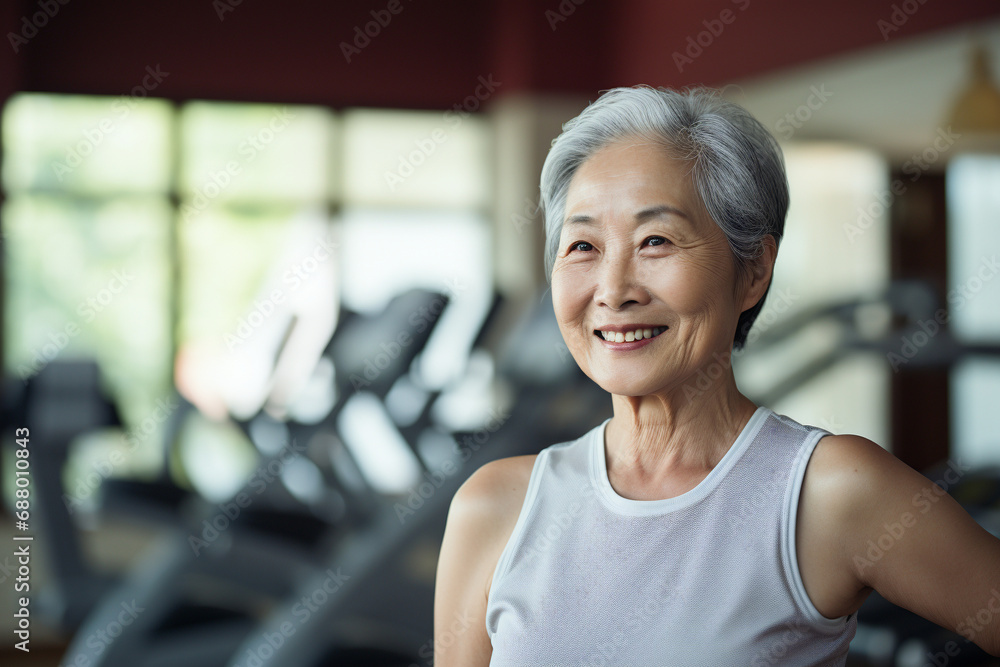 Gym workout, mature Asian lady exercising, elderly health, active aging, fitness