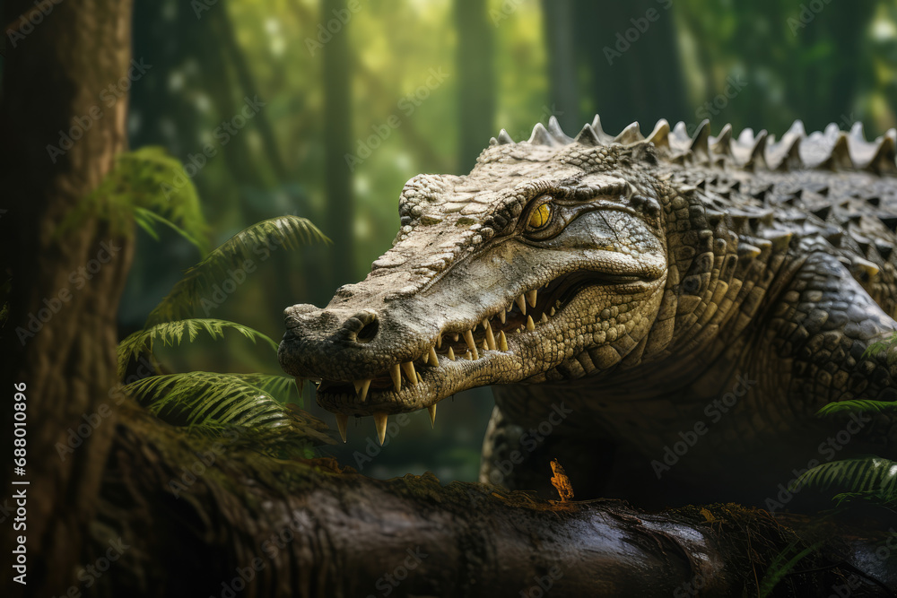 Obraz premium alligator on green leaves in the forest