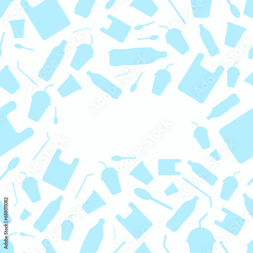 Say no to plastic - save the Earth. Seamless pattern with plastic garbage, bottle, cup, straw, spoon and bag on a transparent background. Plastic problem. Reuse, reduce, recycle. photo