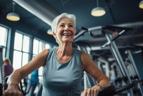 Gym workout for the elderly, active senior woman, health and fitness, mature exercise routine