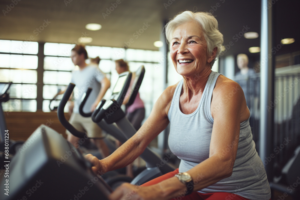 Fitness training for mature individuals, senior woman in the gym, active aging