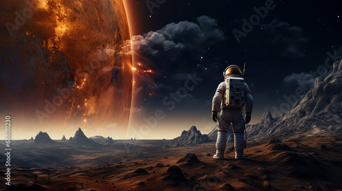 Amazed astronaut on a planet surface watches another planet. Astronaut navigating alien landscapes, embodying the spirit of space exploration. Ai generated