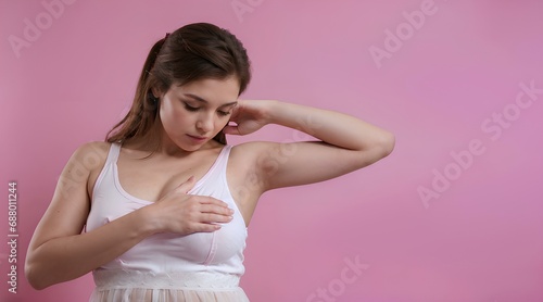 Forografía de una mujer practicándose el autoexamen de mamas sobre un fondo rosa. Un símbolo visual de conciencia y prevención del cáncer de mama. Ideal para proyectos que promueven la salud femenina. photo