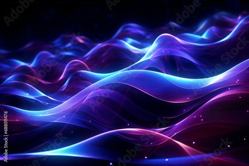 Abstract background neon colored gradient wave of futuristic hi-tech waves dots pixel particles flying with glow effect and background blur. © Werckmeister