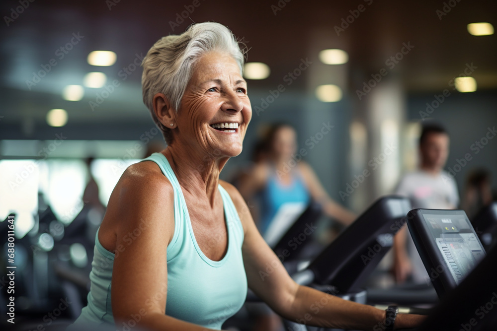 Fitness for the mature, elderly woman in the gym, health-focused exercise, active aging
