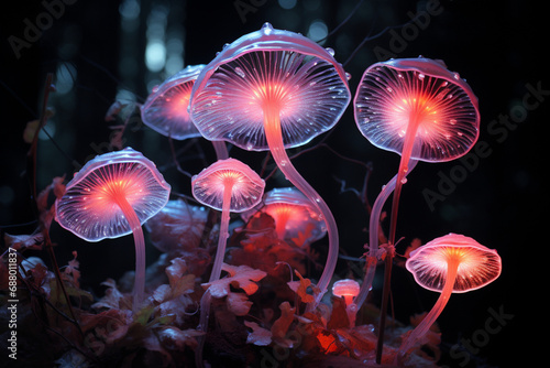 Mystic spotted fluorescent mushrooms growing 