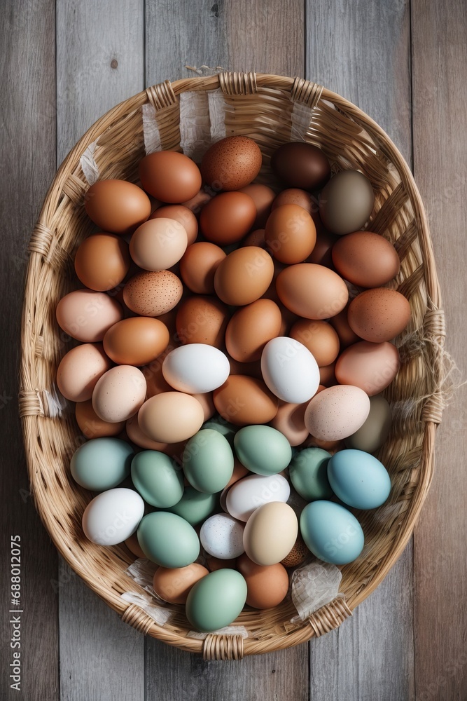 Top view of a variety of colorful eggs in a basket on a brown wooden background. Food, agriculture, Easter concepts. Top view of a variety of colorful eggs in a basket on a brown wooden background. Food, agriculture, Easter concepts.