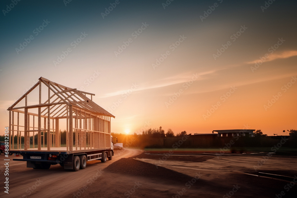 transportation of a frame modular house by truck, delivery of the house frame