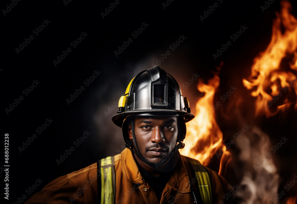 black firefighter against the backdrop of raging flames