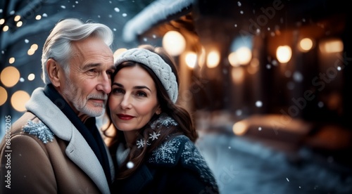 elderly couple in love walks in the city during Christmas in winter.