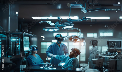 doctors, surgeons, scientists work in VR glasses in a laboratory, training doctors with virtual reality technology