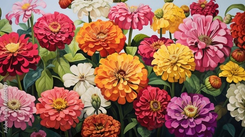 a cluster of zinnia blooms, with their vibrant and varied colors, graces a white canvas, forming a visually stunning and cheerful floral masterpiece that brightens any space with its joyful presence.