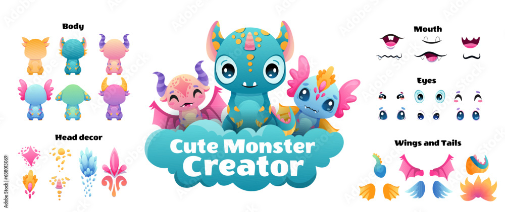 Create your Monster and collect cute aliens and funny creatures. Cartoon character creation kit with all elements and body parts. Vector children illustration - obrazy, fototapety, plakaty 