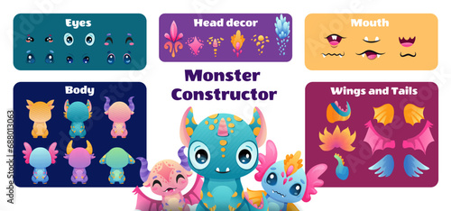 Cute Monster Dragon cartoon constructor kit, with body parts, alien eyes, mouths teeth, wings and horns for kids toys, video games and halloween designs. Vector flat colorful illustration