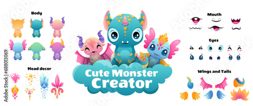 Create your Monster and collect cute aliens and funny creatures. Cartoon character creation kit with all elements and body parts. Vector children illustration photo