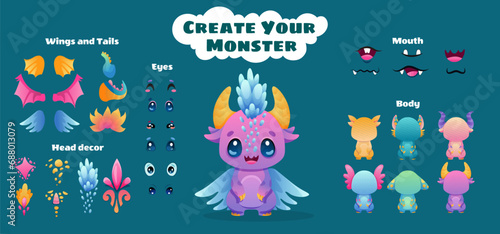 Cute Monster Dragon cartoon constructor kit, with body parts, alien eyes, mouths teeth, wings and horns for kids toys, video games and halloween designs. Vector flat colorful illustration