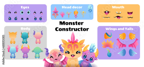 Create your Monster and collect cute aliens and funny creatures. Cartoon character creation kit with all elements and body parts. Vector children illustration