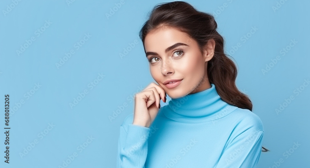 Portrait of cute interested lady touching her chin looking mockup empty space banner isolated blue color background.
Portrait of cute interested lady touching her chin looking mockup empty space banner isolated blue color background.