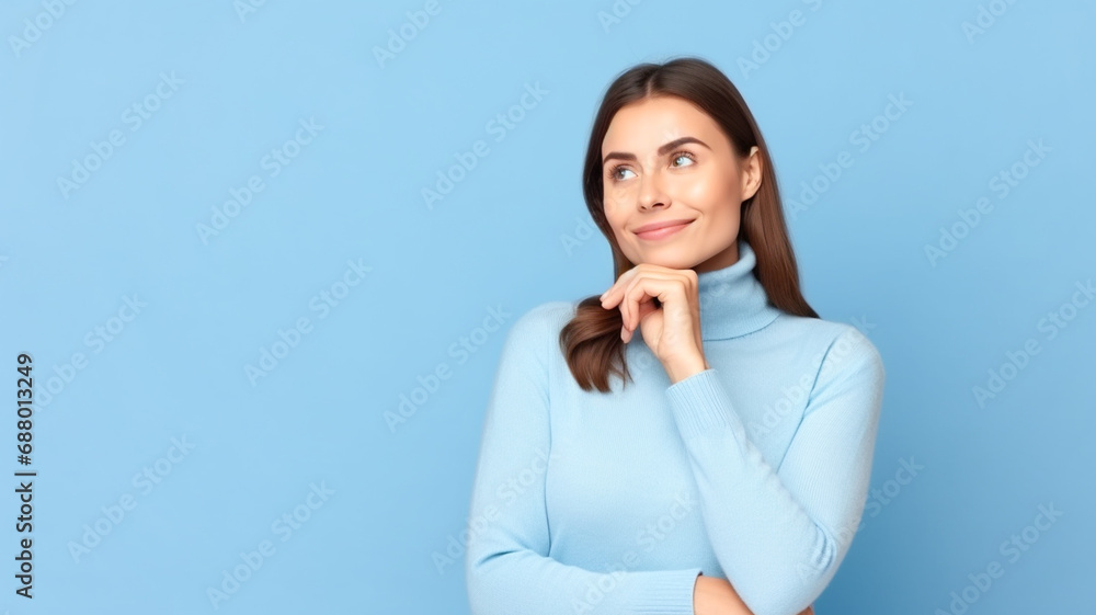 Portrait of cute interested lady touching her chin looking mockup empty space banner isolated blue color background.
Portrait of cute interested lady touching her chin looking mockup empty space banner isolated blue color background.
