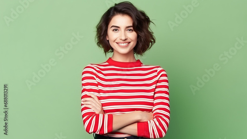 Photo of satisfied pleasant cute woman wear striped shirt standing isolated on green background. 