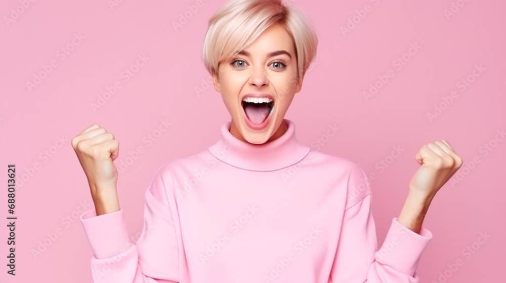 Photo of satisfied positive lady toothy smile raise fists accomplishment isolated on pink color background. Photo of satisfied positive lady toothy smile raise fists accomplishment isolated on pink color background.
