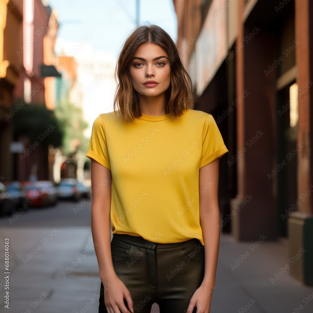 European female model wearing a yellow shirt, suitable for product promotions and mockups