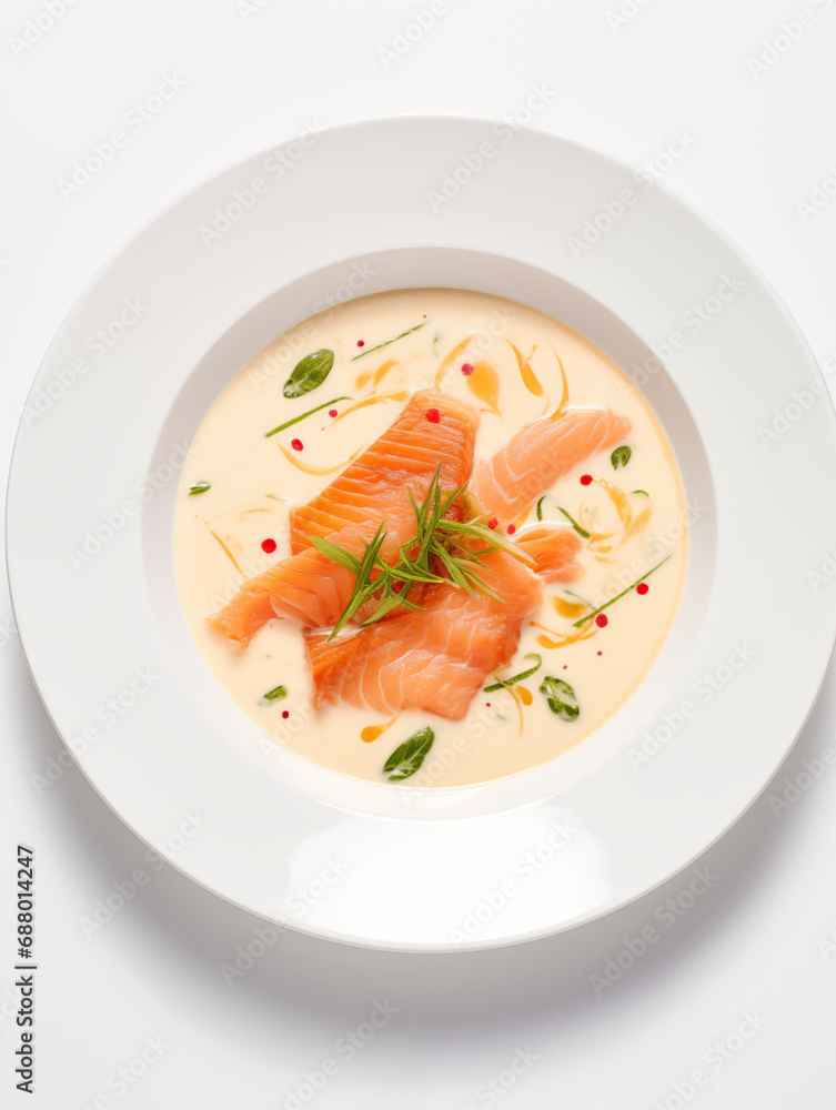 Salmon soup on the white plate on white isolated background Salmon soup on the white plate on white isolated background