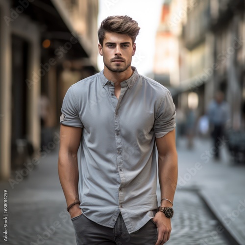 American male model wearing a gray short-sleeve denim top. European street model with masculine and muscle body