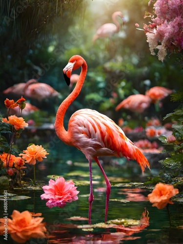 flamingo in the water in the enchanted jungle   pink flowers in the background  flamingo potrait