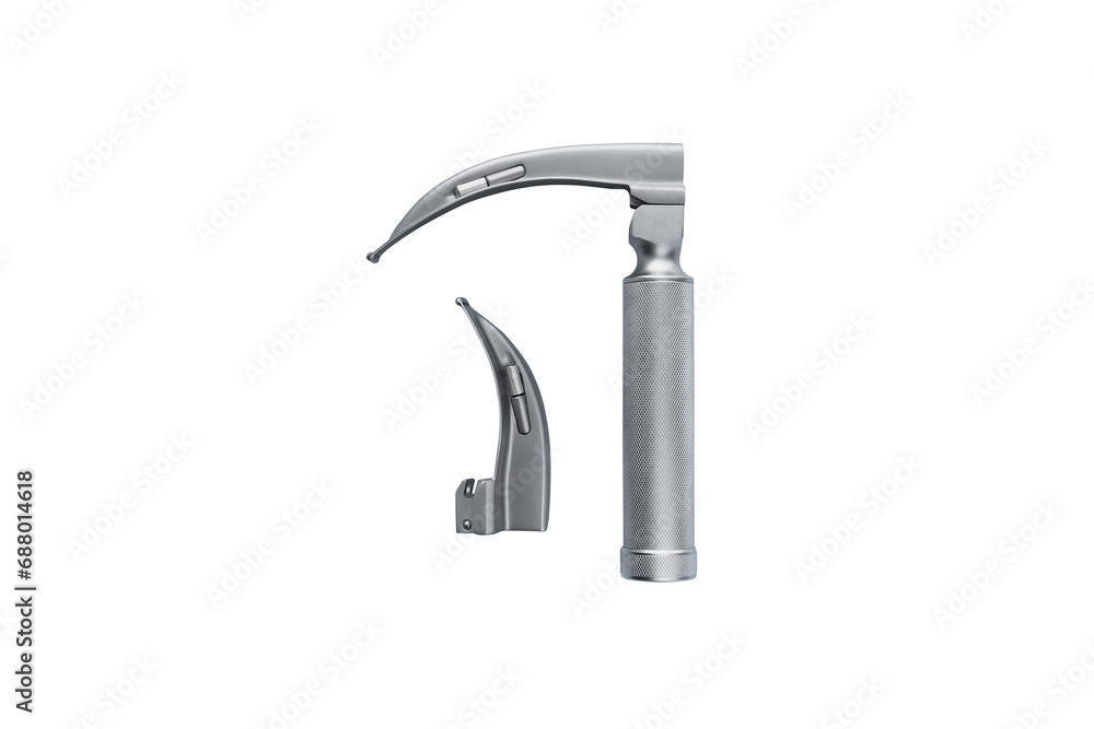 laryngoscope for tracheal intubation for ventilation of lungs on white background close-up. intubation kit on white background. anesthesiology, resuscitation, anesthesia, medical equipment, isolate laryngoscope for tracheal intubation for ventilation of lungs on white background close-up. intubation kit on white background. anesthesiology, resuscitation, anesthesia, medical equipment, isolate
