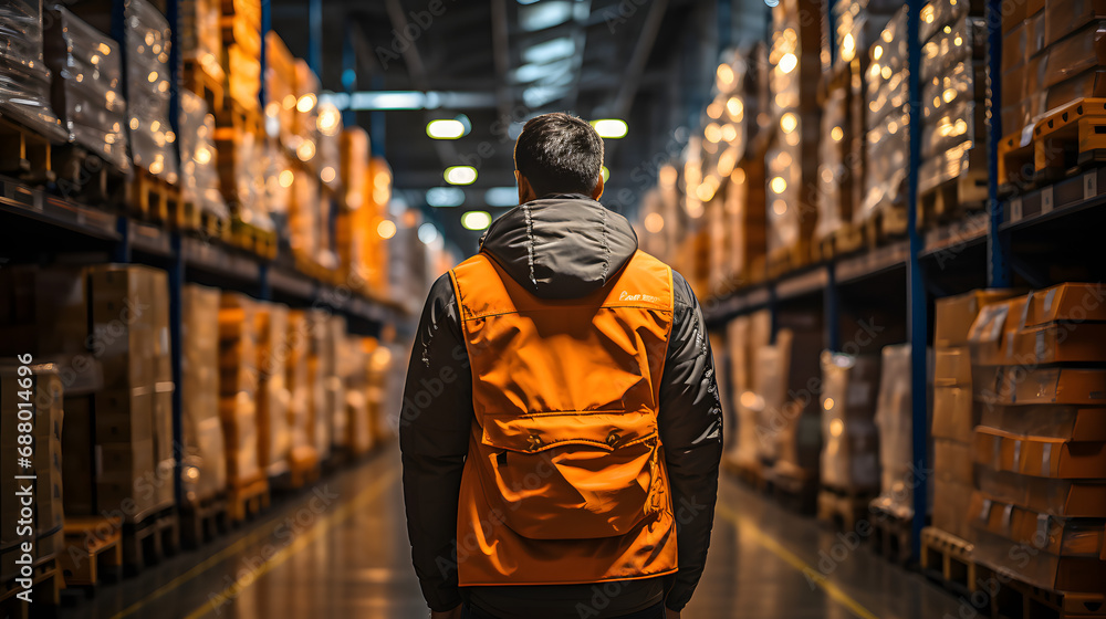 Obraz premium Efficient Fulfillment Logistics: Inside a Retail Warehouse with a Worker in Vest.