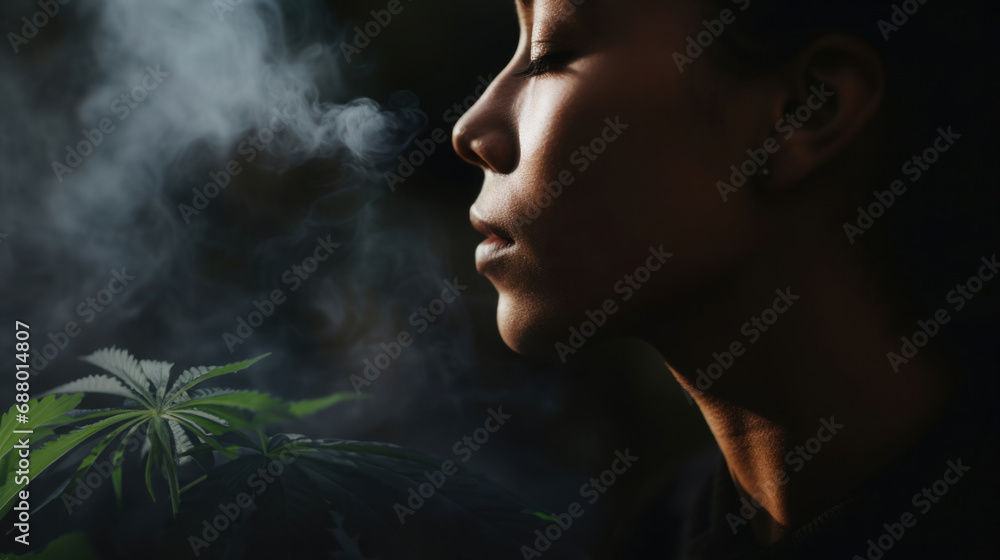 Marijuana Awareness Month concept. A girl surrounded by smoke against a background of cannabis leaves Marijuana Awareness Month concept. A girl surrounded by smoke against a background of cannabis leaves