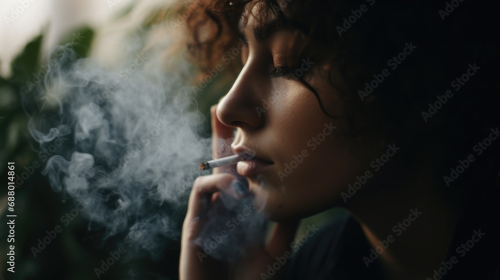 Marijuana Awareness Month concept. A girl surrounded by smoke against a background of cannabis leaves - obrazy, fototapety, plakaty 