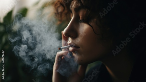 Marijuana Awareness Month concept. A girl surrounded by smoke against a background of cannabis leaves photo