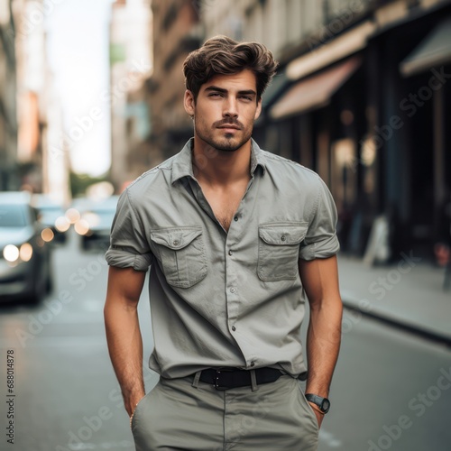 American male model wearing a gray short-sleeve denim top. European street model with masculine and muscle body. Suitable for product promotions and mockups