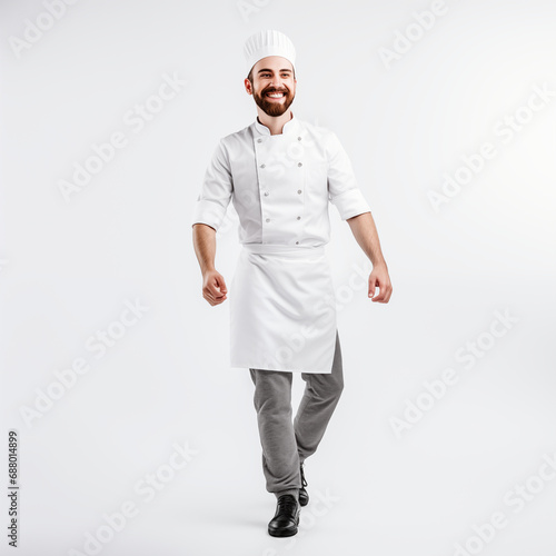 Full length shot of cook posing, wearing uniform isolated on white background