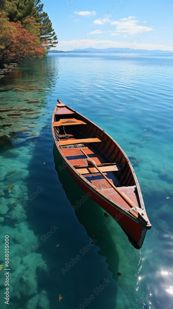 Vertical banner image of an old isolated wooden fishing boat decking and floating on clear blue water on a calm lake in a sunny day 