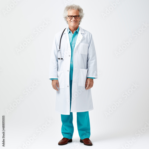 Portrait of caucasian male doctor full length looking at camera isolated on white