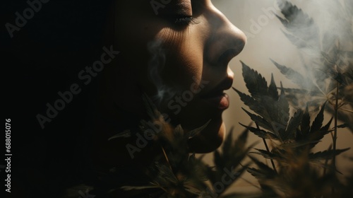 Marijuana Awareness Month concept. A girl surrounded by smoke against a background of cannabis leaves