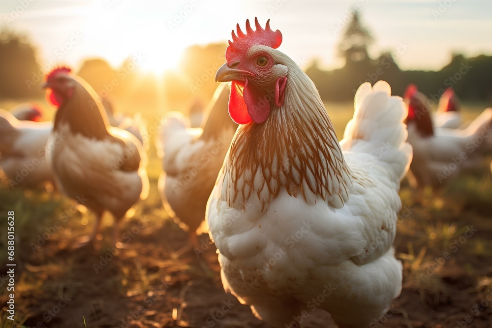 Fototapeta premium Chickens walk on the grass on the farm, hen poultry and laying hens. Animal husbandry, chickens walking in nature on a sunny day.