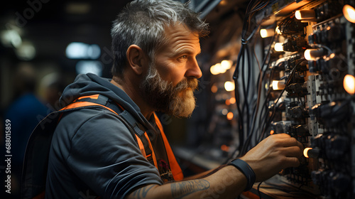 Skilled Electrician at Work: A Mature Male Professional Managing Electrical Connections in a Switchboard