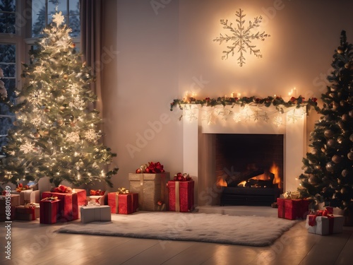 A decorated christams tree with presents underneath sits in a living room photo