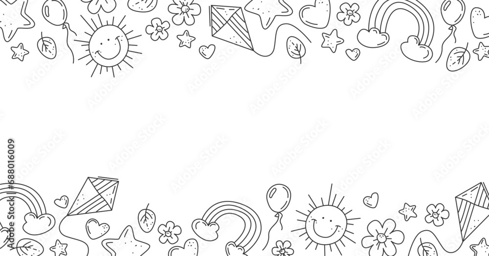 Hand draw Kids doodle background. Objects from a child's life. Cute baby shower template with toys and Place for text