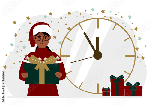 A woman in a red sweater and a red cap with a large gift box. 5 minutes before Christmas or New Year.