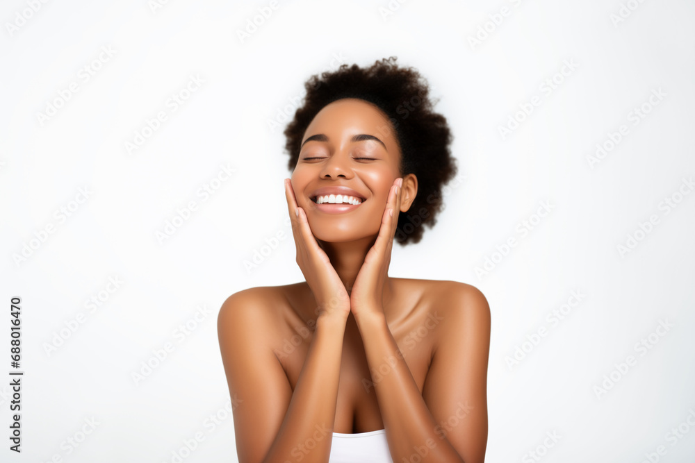 Pretty woman touching her perfect skin, eyes closed, feeling good after spa and bodycare, cosmetic and skincare, on white background Pretty woman touching her perfect skin, eyes closed, feeling good after spa and bodycare, cosmetic and skincare, on white background