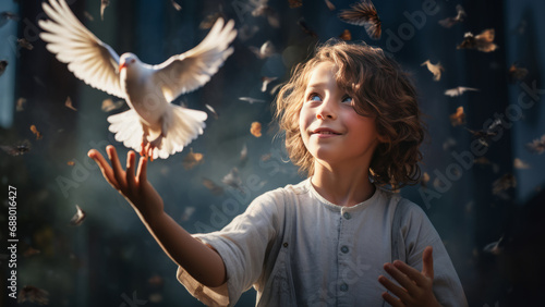 Boy with beautiful curly hair releases a white dove from his hands against the backdrop of a fairytale forest and flying butterflies and leaves. photo
