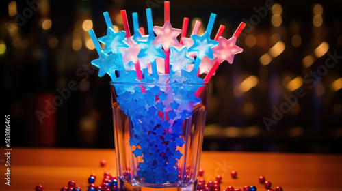 Cocktail tubes of different colors with stars in a glass glass on a bar table on a blurred bar background. photo