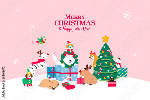 Merry Christmas and Happy New Year Greeting Card Vector illustration. Cute pets in Christmas costume.