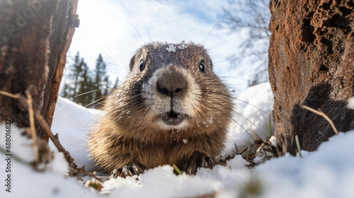 marmot crawled out of a hole in snowy weather in anticipation of early spring